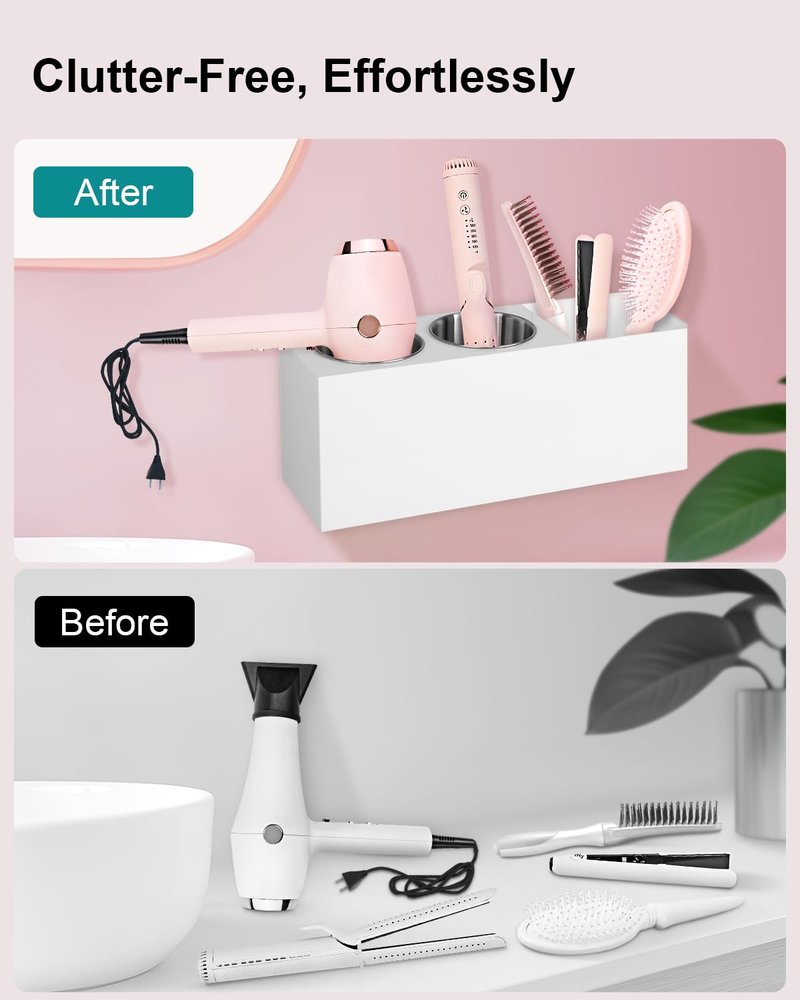 Bollmisde Hair Tool Organizer, Hair Dryer Holder with Heatproof Steel Cups, Acrylic Vanity Organizer for Curling Iron, Flat Iron & Hair Brushes, Perfect for Bathroom (White, Standard)