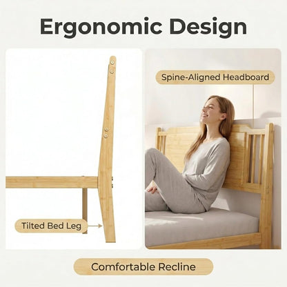 Askeld Bamboo Queen Bed Frame with Headboard, 14 inch Wood Platform Bed Frames Queen Size No Box Spring Needed, Rustic Farmhouse Heavy Duty Bedframe Noise Free, Easy Assembly