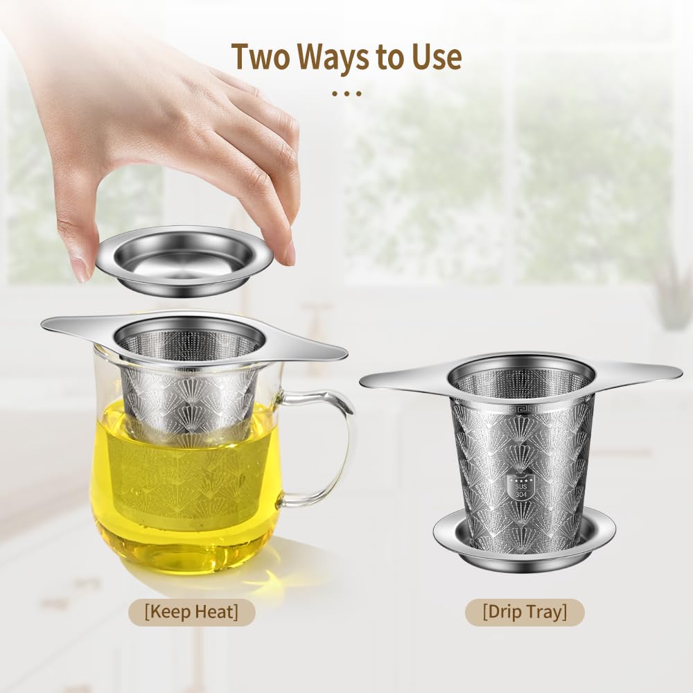 2Pack Extra Fine 18/8 Stainless Steel Tea Infuser BOMANSI BOMS Tea Strainer with Large Capacity & Perfect Size Double Handles for Hanging on Teapots, Mugs, Cups to Steep Loose Leaf Tea and Coffee