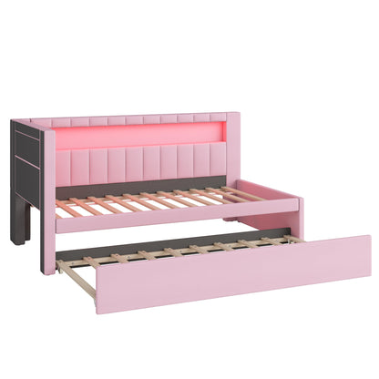 Bellemave Twin Size Upholstered Daybed with Trundle and USB/LED Belt, Corner Bed with Trundle. L-Shape daybed for Bedroom Living Room, Pink（Linen）