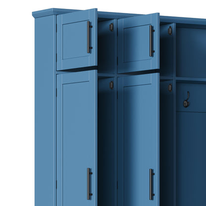Hall Tree with Entryway Bench and Shoe Cabinet, Multi-Functional Seating Bench with 4 Hanging Hooks and 8 Doors, Blue