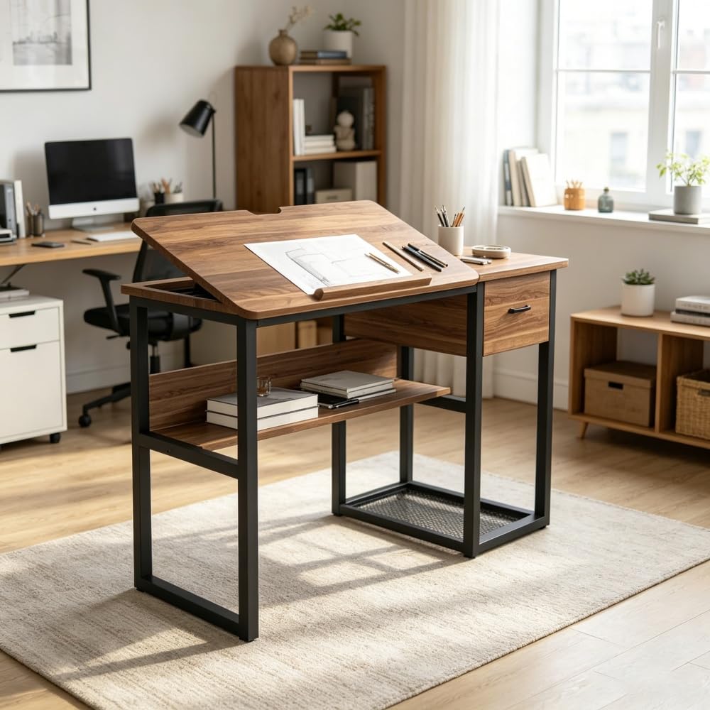 Drafting Table with Adjustable Drawing Board, Storage Drawer and Shelves, Wood and Metal, 47.24 x 23.62 x 29.53 Inch
