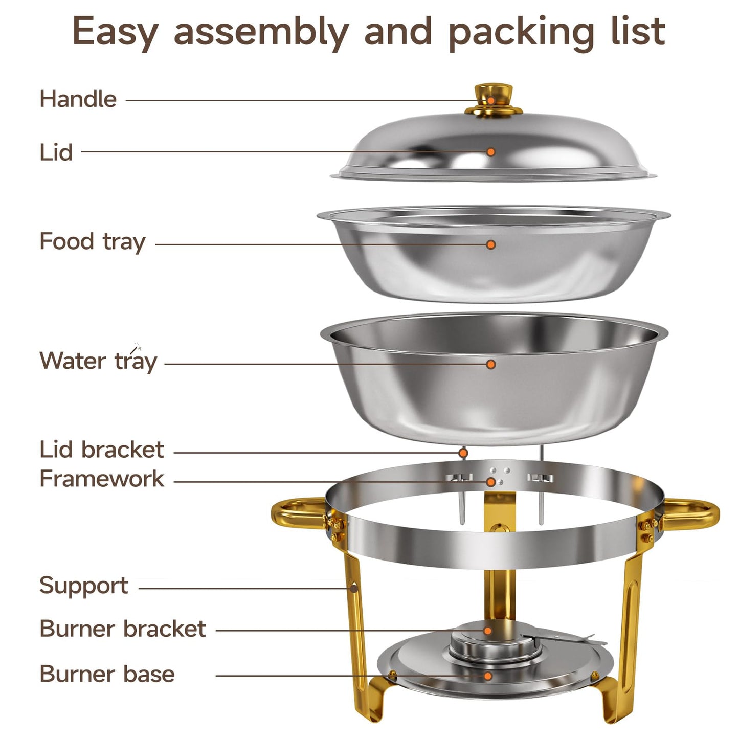 LEDLAY 6QT Stainless Steel Chafing Dishes for Buffet, Round Chafing Dish Buffet Set 4 Pack with Smooth Edge Lid, Food Warmers for Parties Buffet Golden & Silver