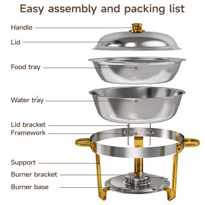 LEDLAY 6QT Stainless Steel Chafing Dishes for Buffet, Round Chafing Dish Buffet Set 4 Pack with Smooth Edge Lid, Food Warmers for Parties Buffet Golden & Silver