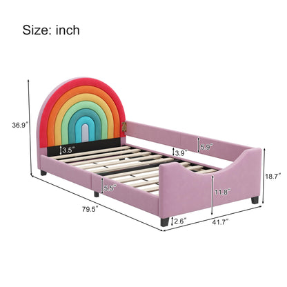 Merax Rainbow Design Velvet Upholstered Twin Daybed for Children's Room, Bedroom, Cute Style Metal Bed Frame with Solid Slats Support for Girls, Boys, Teens, No Box Spring Needed, Pink