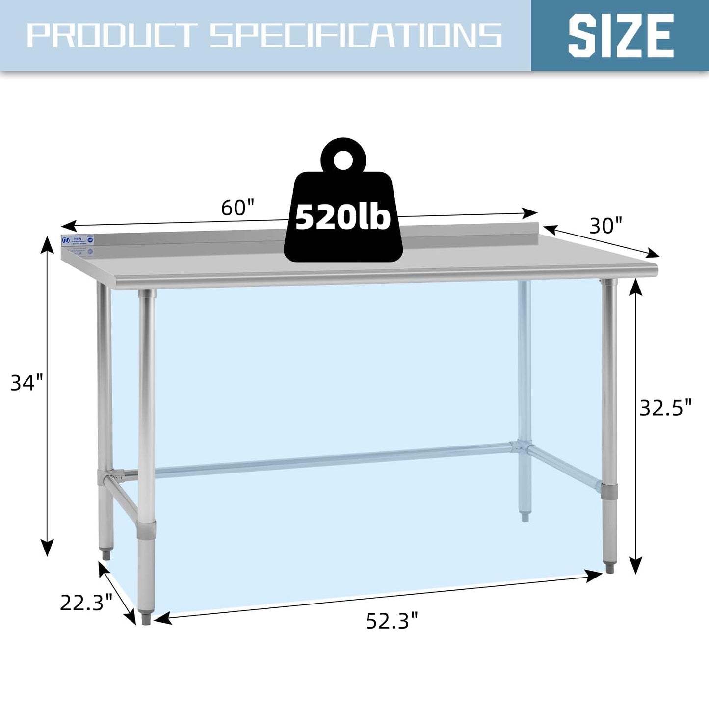 Hally Open Base Stainless Steel Table 30 x 60 Inches, NSF Commercial Heavy Duty Prep & Work Table with Backplash and Galvanized Legs for Restaurant, Home and Hotel