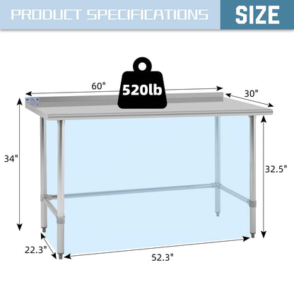 Hally Open Base Stainless Steel Table 30 x 60 Inches, NSF Commercial Heavy Duty Prep & Work Table with Backplash and Galvanized Legs for Restaurant, Home and Hotel