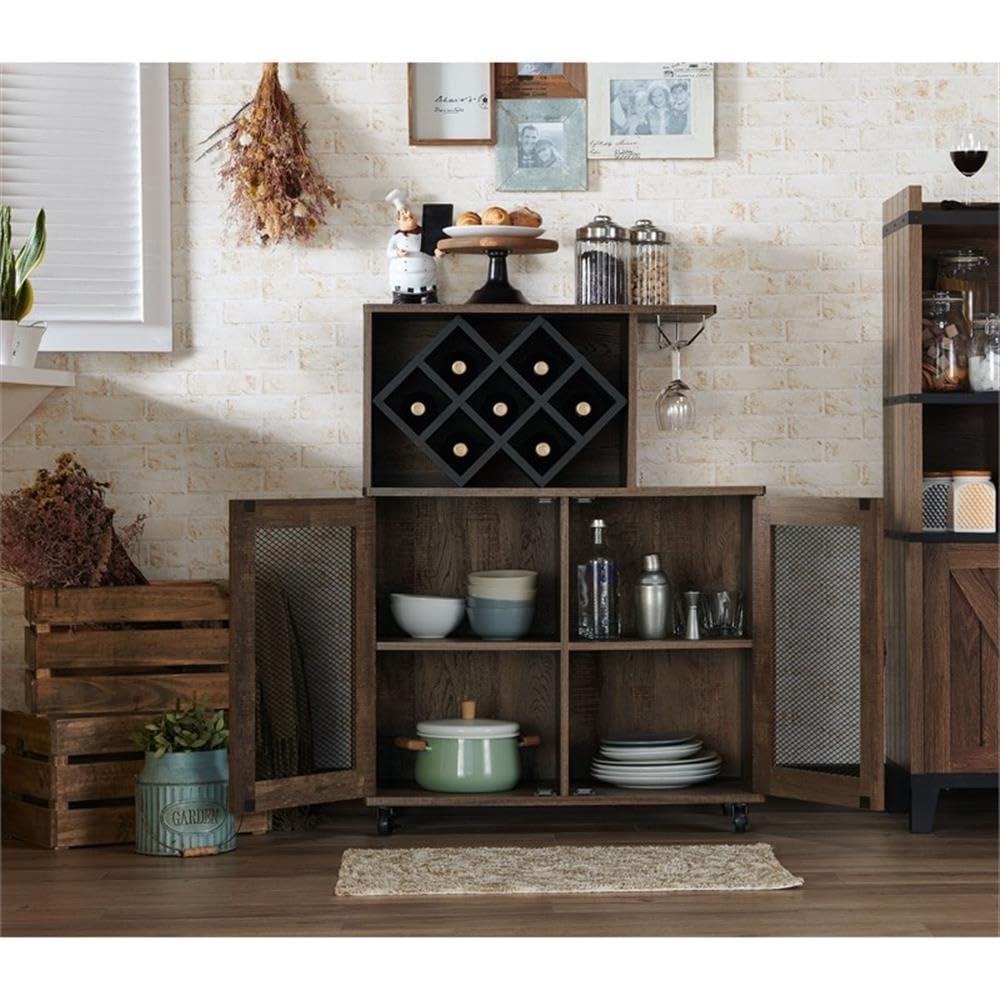 BOWERY HILL 4-Shelf Transitional Wood Mini Bar, Reclaimed Oak Finish, MDF and Particle Board, 15.7" W x 31.5" D x 41.3" H, Mobile Caster Wheels, Built-in Wine Bottle Slots, Glassware Rack, Adjustable