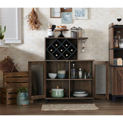 BOWERY HILL 4-Shelf Transitional Wood Mini Bar, Reclaimed Oak Finish, MDF and Particle Board, 15.7" W x 31.5" D x 41.3" H, Mobile Caster Wheels, Built-in Wine Bottle Slots, Glassware Rack, Adjustable