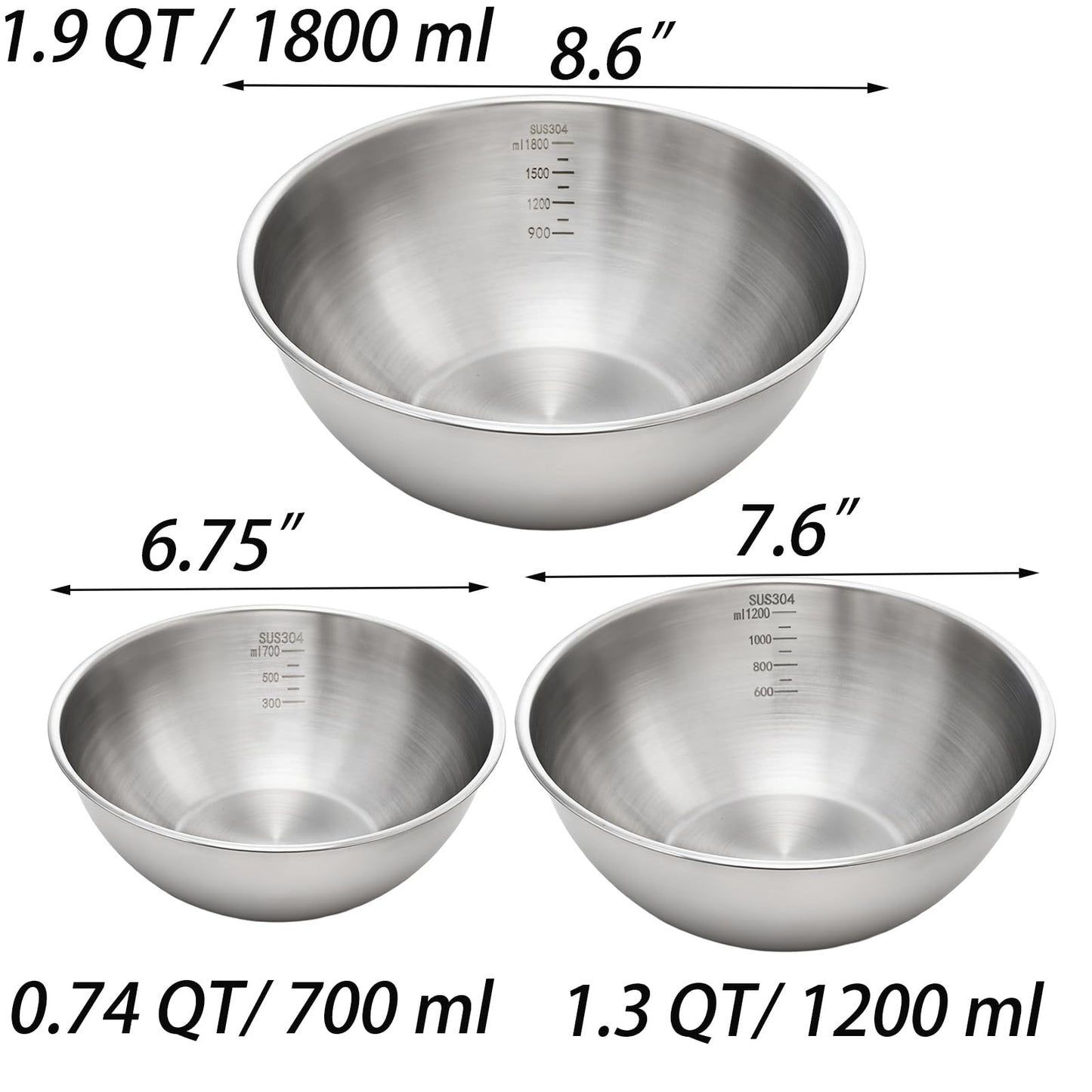 TOPZEA Stainless Steel Mixing Bowls Set of 3, Nesting Metal Kitchen Bowls with Measurement Mark, Small Meal Prep & Food Storage Bowl for Baking, Cooking, Dishwasher & Freezer Safe (0.74, 1.3, 1.9 Qt)