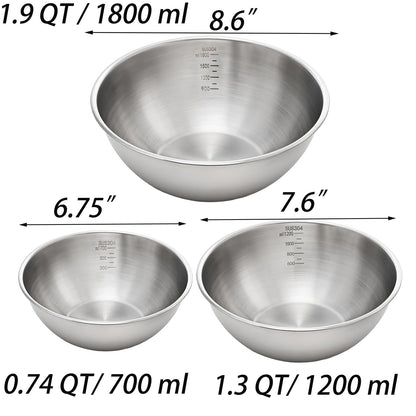 TOPZEA Stainless Steel Mixing Bowls Set of 3, Nesting Metal Kitchen Bowls with Measurement Mark, Small Meal Prep & Food Storage Bowl for Baking, Cooking, Dishwasher & Freezer Safe (0.74, 1.3, 1.9 Qt)