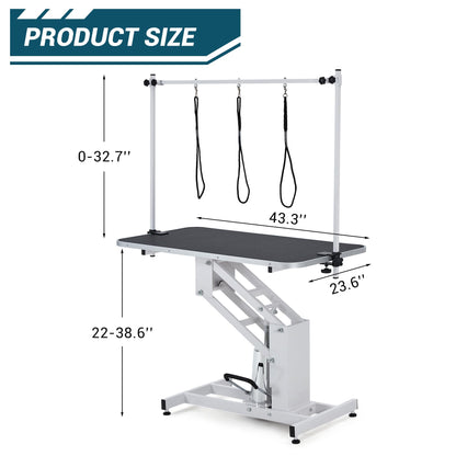 43.3" Hydraulic Pet Grooming Table, Heavy Duty Hydraulic Grooming Table Max Load 350Lbs, Professional Hydraulic Dog Grooming Table with 3 Adjsutable Nooses &, Overhead, Adjustable Height Range 22 in -