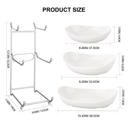 MEIGLQEA 3 Tier Fruit Basket for Kitchen Counter, Silver/White Ceramic Fruit Bowl for Countertop, Home Fruit Rack with Holder, Vegetable Bowl Snacks Nuts Bread Candy Storage (White)