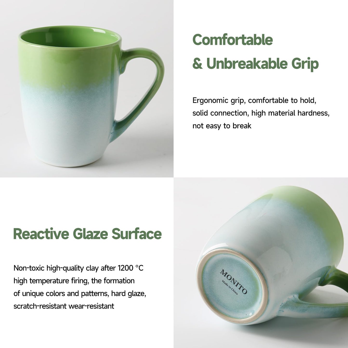 MONITO 14 OZ Coffee Mugs Set of 6, Large Ceramic Blue Coffee Mugs Set with handle for Tea/Latte/Milk/Cocoa, Funny Tea Cups for Office and Home, Engagement Gifts. (White-green)