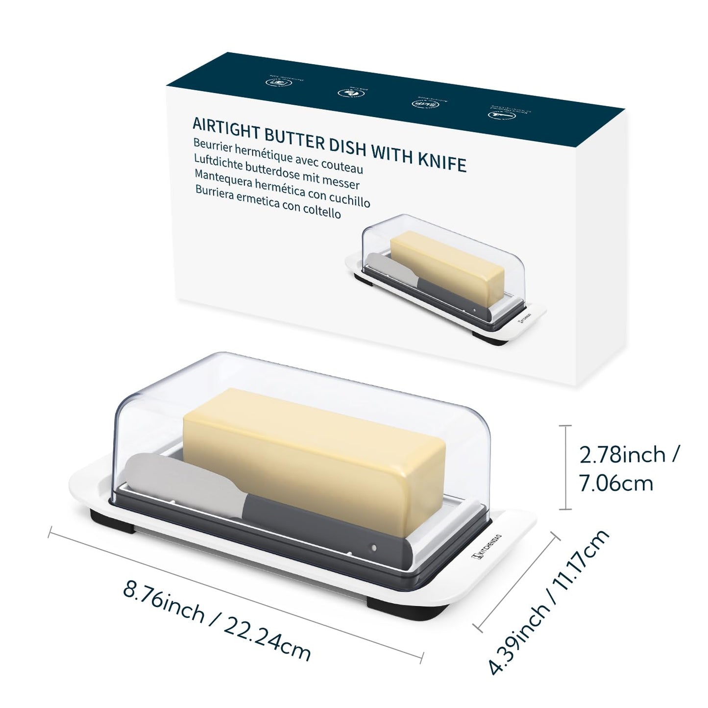 KITCHENDAO Airtight Butter Dish with Lid and Knife Spreader for Countertop and Refrigerator, Keep Butter Fresh, Easy Scoop, Dishwasher Safe, Plastic Butter Keeper Tray for West/ East Coast Butter