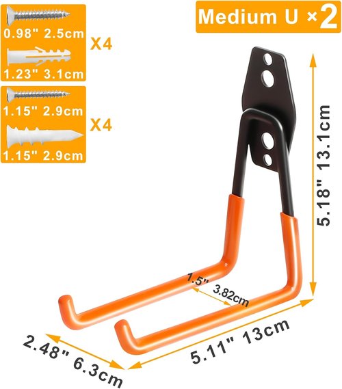 KURUI Heavy Duty Wall Hook - Versatile Tool & Hose Holder | 2 Pack Metal Garage Organizer