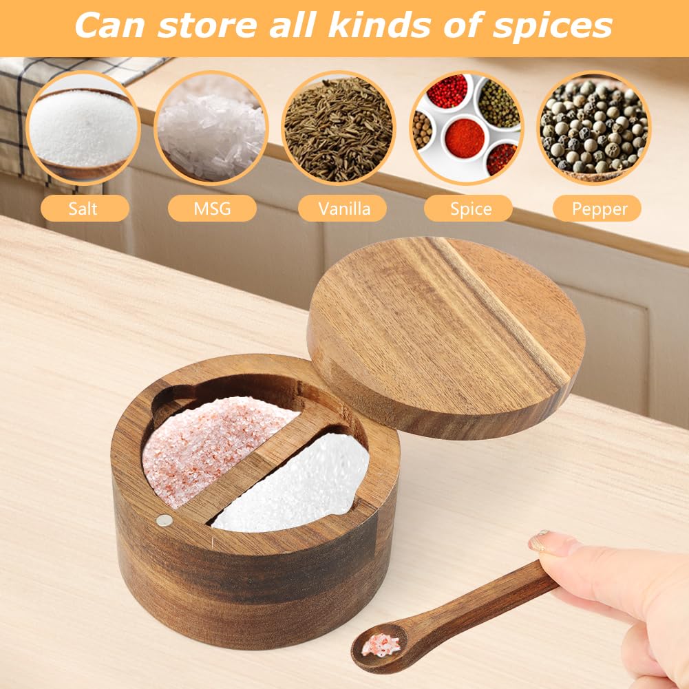 Velarionna Wood Salt and Pepper Bowl, AcaciaWood Salt Cellar with Built-in Spoon and Magnetic Swivel Lid, Container Holder to Storage Pepper Spice(SIZE:L)