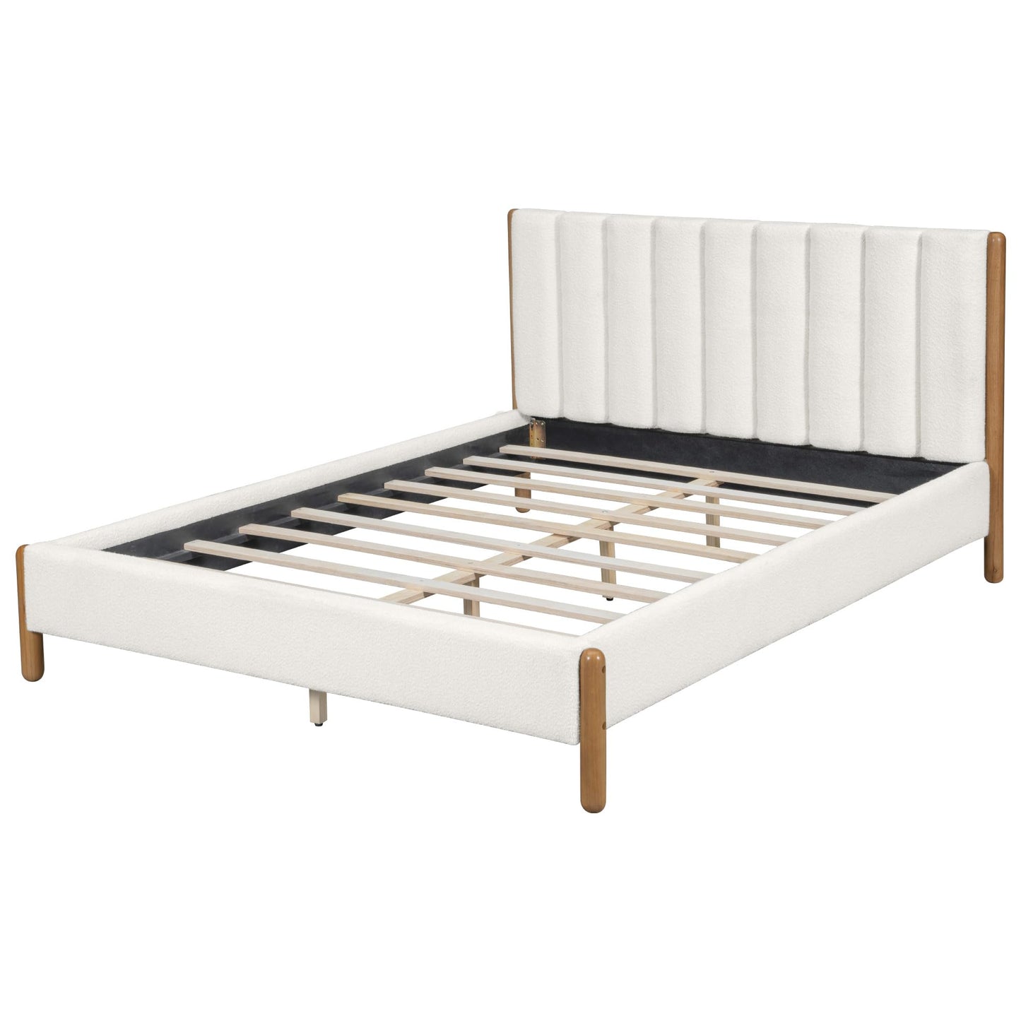 Ball & Cast Queen Size Bed Frame with Thick Boucle Upholstered Headboard, Solid Wood Legs, No Box Spring Needed Platform Bed, Underbed Storage Space,White