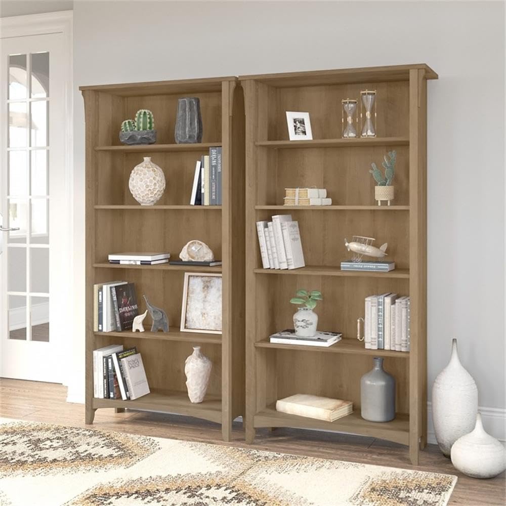 Bush Home Salinas Tall 5 Shelf Bookcase - Set of 2 in Reclaimed Pine, Vertical Office Storage, Bookshelves for Home Workspace, Multi-Purpose Shelving Units