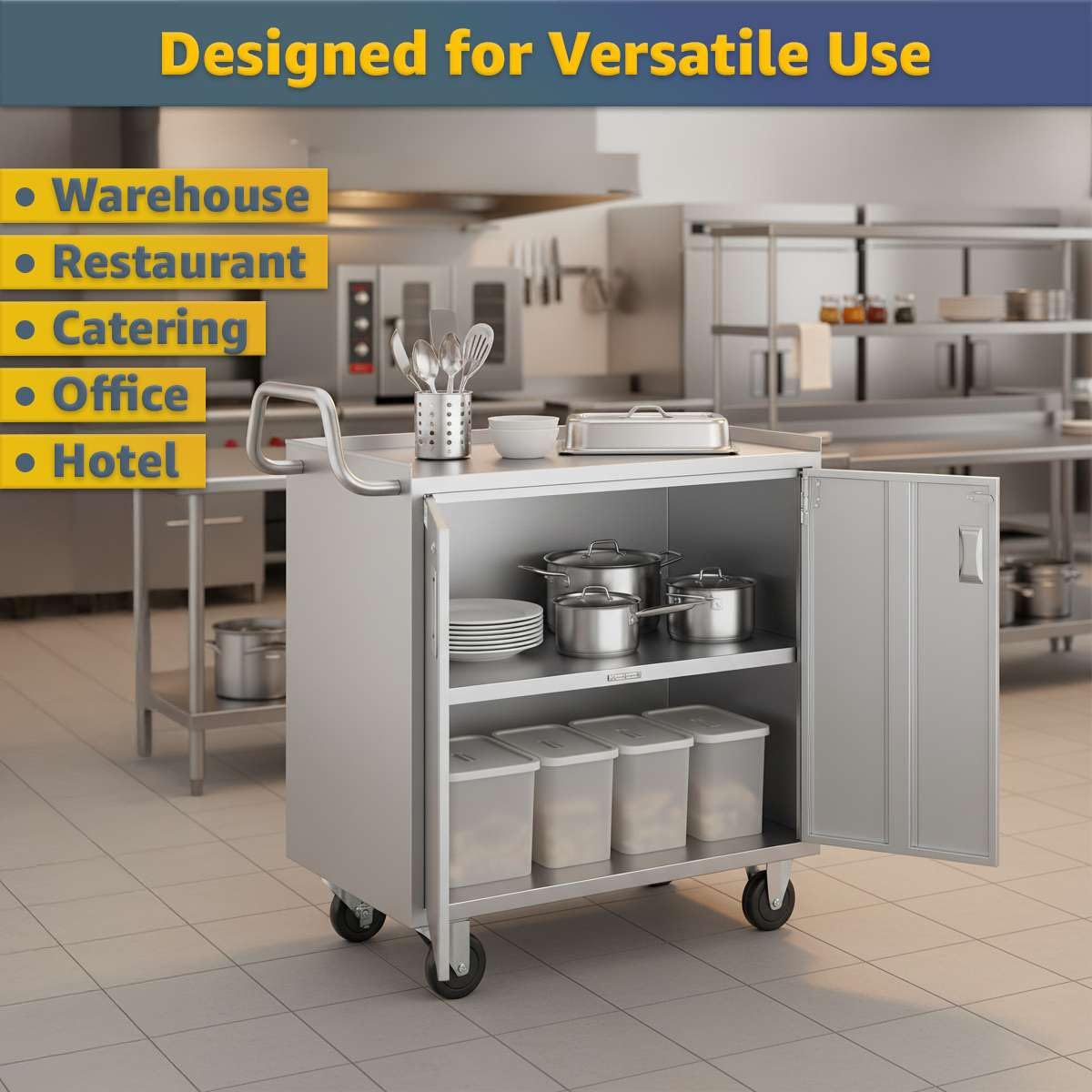18" x 30" Stainless Steel Utility Cart with Enclosed Base and Locking Doors - Commercial NSF 3 Shelf Service Cart, Heavy-Duty Mobile Storage Cabinet for Kitchen, Catering, Restaurant Storage