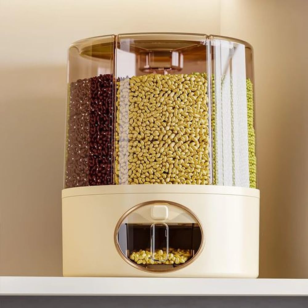 GSC Industries Premium 6-Grid Rotating Food Dispenser with Sealed Lid – 360° Rotation Grain Storage Container for Rice, Beans, Cereal, Peanuts, Barley, and More – Kitchen Pantry Organizer
