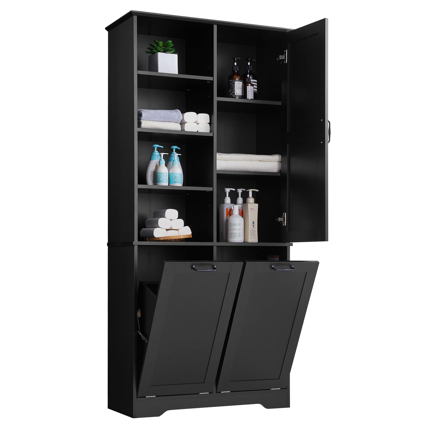 Merax Cabinet with Tilt-Out Laundry Hamper Basket, Tall Bathroom Storage Organizer Linen with Open Shelf for Home, Freestanding, Black