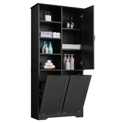 Merax Cabinet with Tilt-Out Laundry Hamper Basket, Tall Bathroom Storage Organizer Linen with Open Shelf for Home, Freestanding, Black