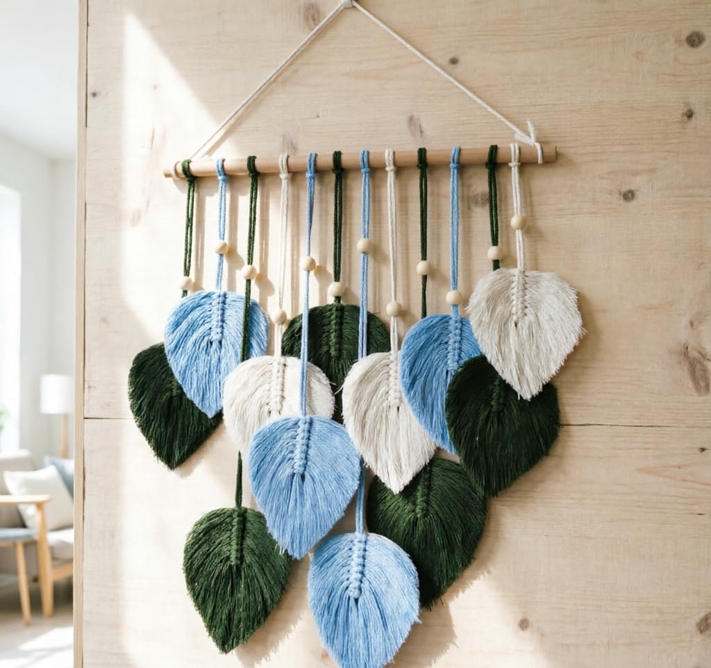 Jditngp DIY Macrame Leaf Wall Hanging Beginners Boho Wall Leaf Tapestry Kit Handmade Woven Tapestry Feather Wall Hanging DIY Macrame Kit for Adults Birthday Gift DIY Craft Kits 15.8" (Green,Blue)