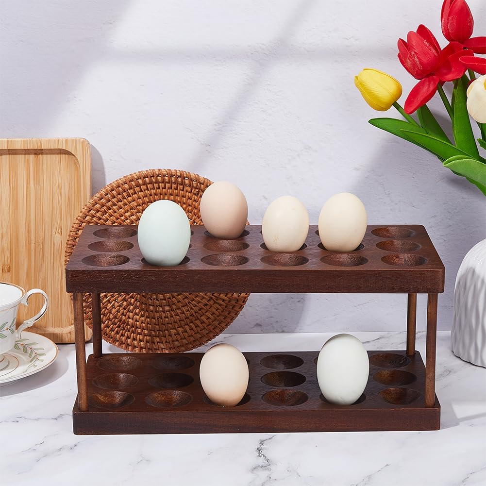 SUPERFINDINGS Wooden Egg Container Rack - 2 Tier Egg Storage Display Rack, Holds Egg Container, Countertop Organizer