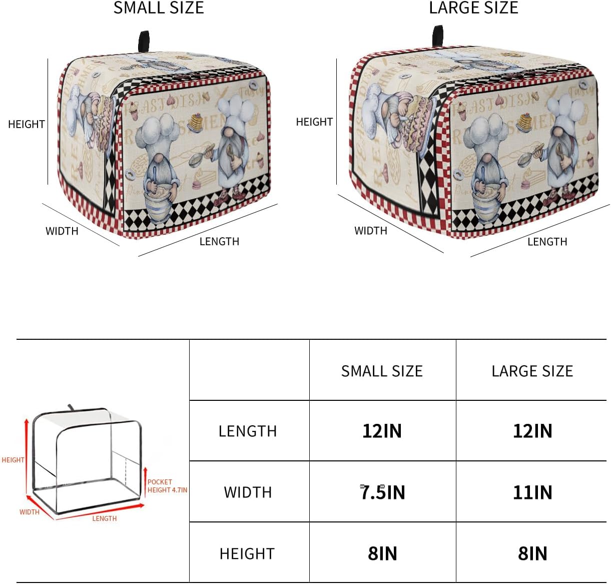 Kitchen Chef Gnomes Toaster Cover 4 Slice, Large Retro Kitchen Appliance Covers with Loop