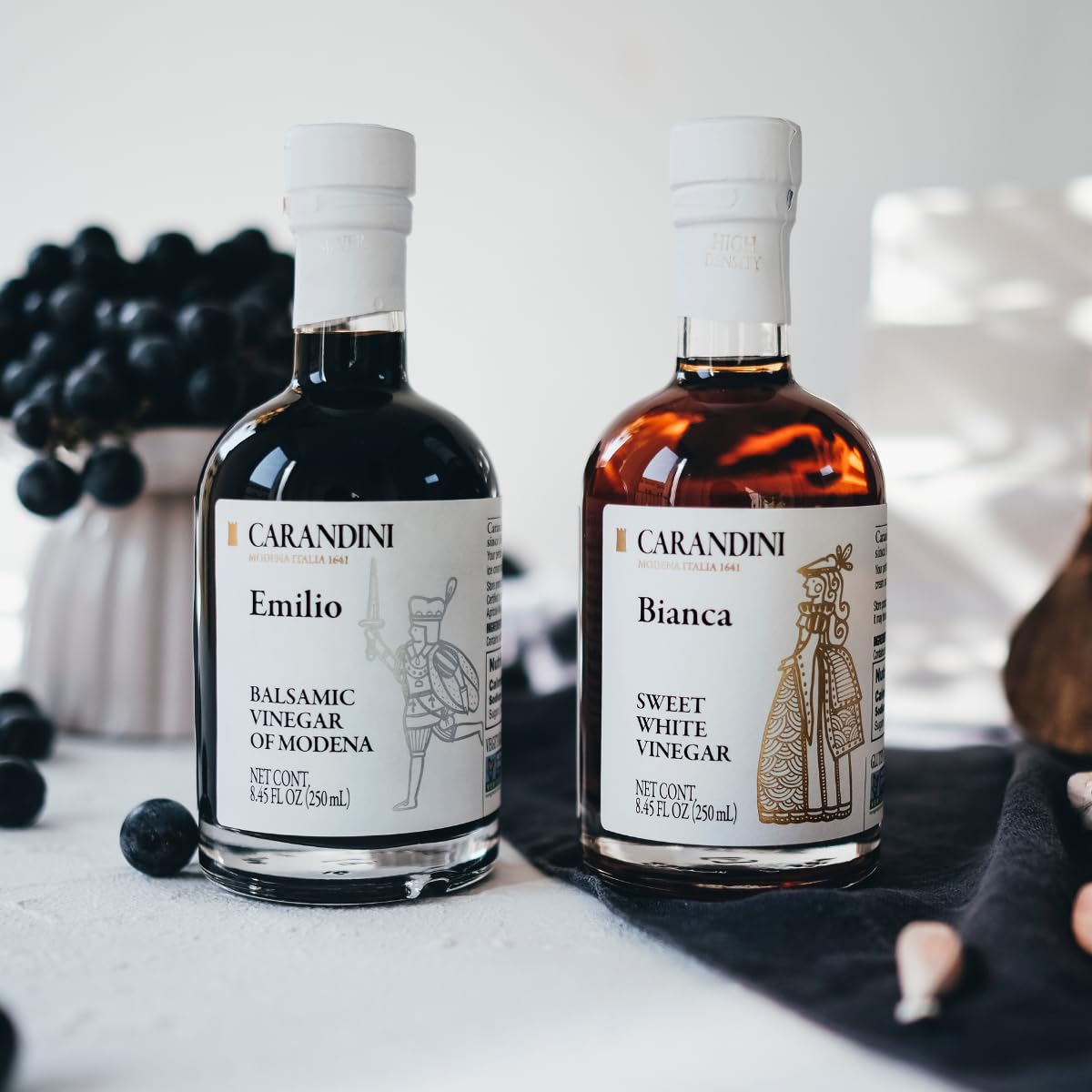 Carandini Emilio Silver Balsamic Vinegar of Modena PGI & Bianca Sweet White Vinegar Combo Set, Premium Italian Vinegars, Perfect for Mother's Day Gift | Made in Italy - 8.45 fl oz (2 Bottles)