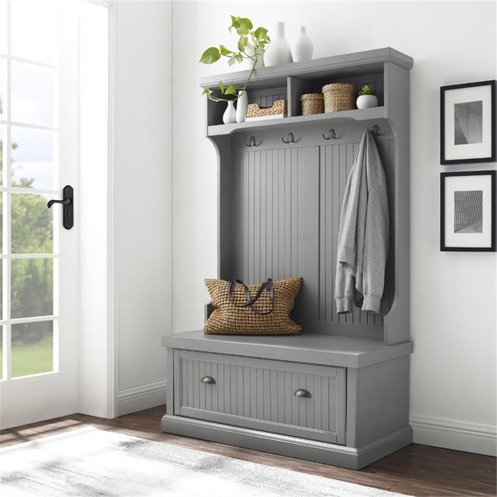 Pemberly Row Coastal Wood Hall Tree, Distressed Gray and Chrome Finish, 64.5" H x 40" W x 18.5" D, Entryway Bench with Coat Rack, Storage Cubbies, Beadboard Accents for Mudroom or Foyer