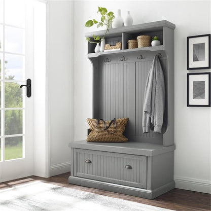 BOWERY HILL Coastal Wood Hall Tree, Distressed Navy Finish, 64.5" H x 40" W x 18.5" D, Solid Poplar Wood and Particle Board, Bench Seat, 4-Hook Coat Rack, Storage Shelves, Entryway Furniture