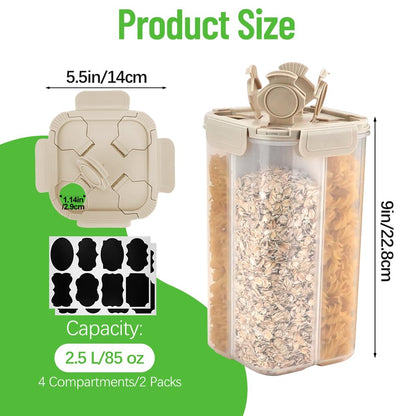 2 Packs Pasta Cereal Storage Containers, 2.5L Airtight Grain Dispenser with Lids, Spaghetti Container Storage with 4 Compartments for Noodle, Rice, Nuts, Flour, Beans