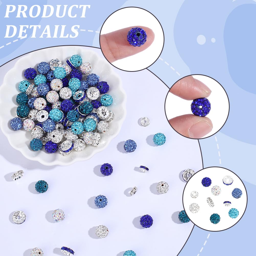PONABEADIY 150PCS Blue Rhinstone Sparkly Beads Kit with Elastic Crystal Thread Round Spacer Polymer Clay Iron Brass Charms Loose Spacer Bead Bulk for Jewelry Making Bracelets Necklace DIY Craft Supply