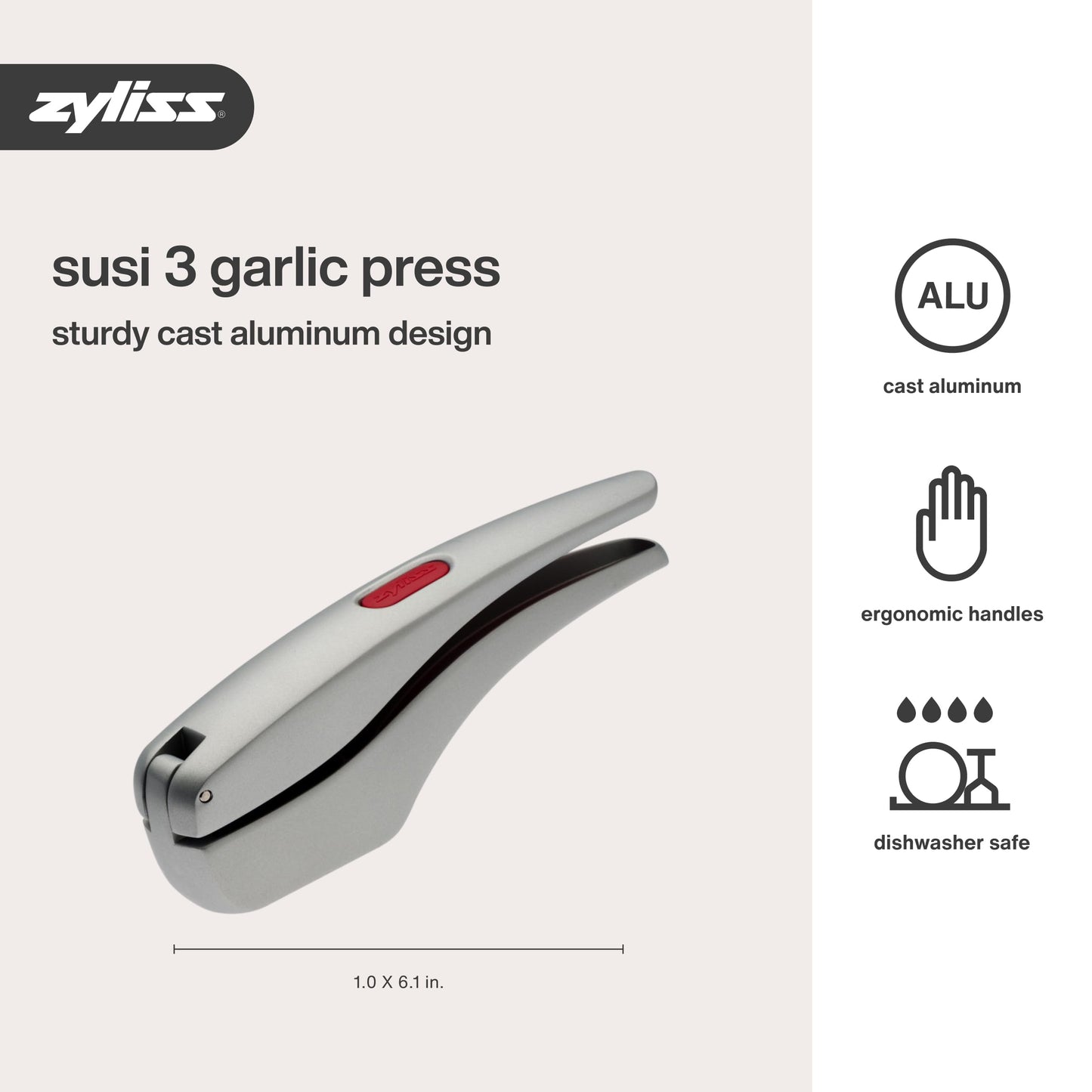 Zyliss Susi 3 Garlic Press - Aluminium Press with Built-In Cleaning Tool - Garlic Crusher, Mincer & Peeler for Unpeeled Cloves