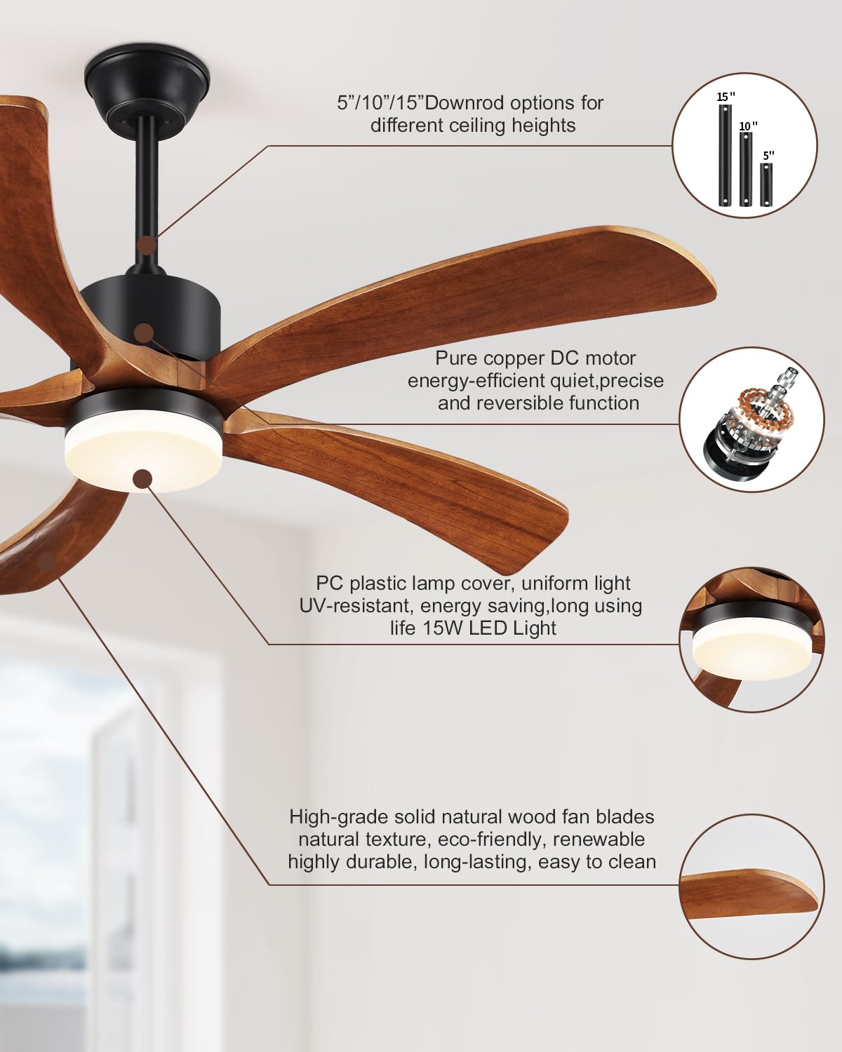 Forrovenco 72 In Ceiling Fans with Lights and Remote, USA Original Patent 72" Large Ceiling Fan, 3 Downrods, 5 Solid Wood Blades, 6 Speeds Quiet DC Motor Modern Outdoor Indoor Fan, 72in Yellow Walnut