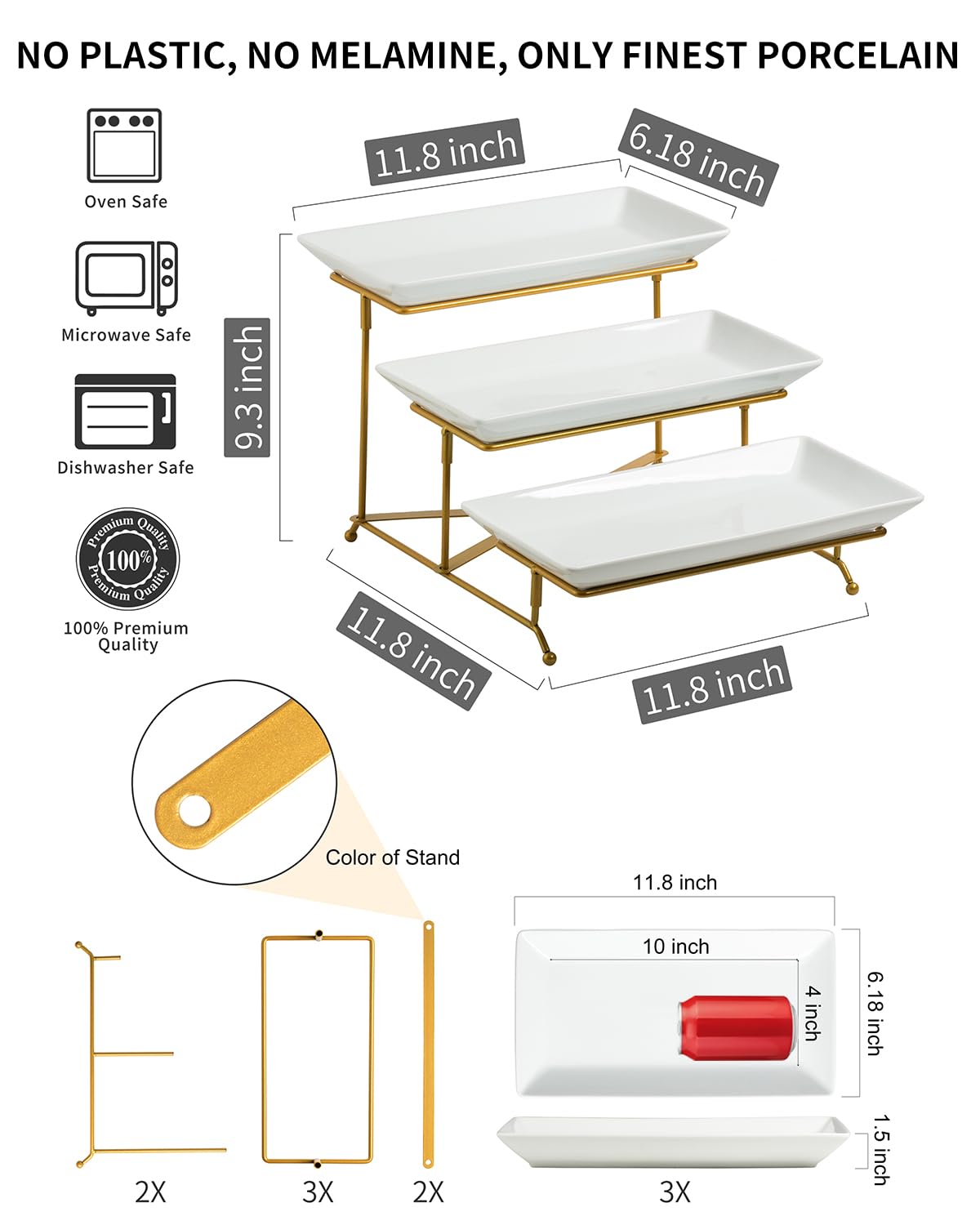 LAUCHUH 3 Tier Serving Tray, Porcelain Serving Platter Tier Serving Stand with Collapsible Sturdier Rack, Serving Trays and Platters Dessert Party Display Set for Mother's Day, Gold, 12 Inch