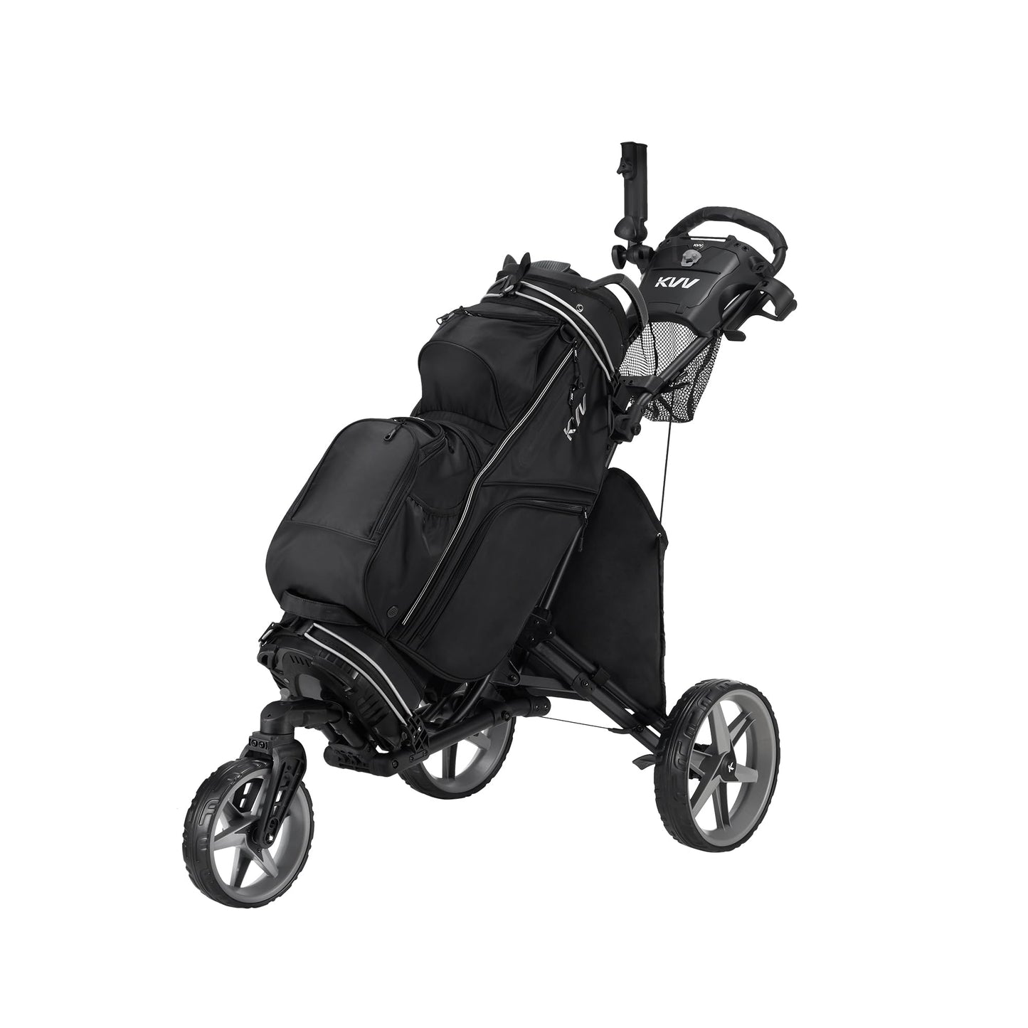 KVV 3 Wheel 360 Rotating Front Wheel Foldable/Collapsible Golf Push Cart with Foot Brake Open and Close in ONE Second-Free Umbrella Holder Included(Black/Charcoal)