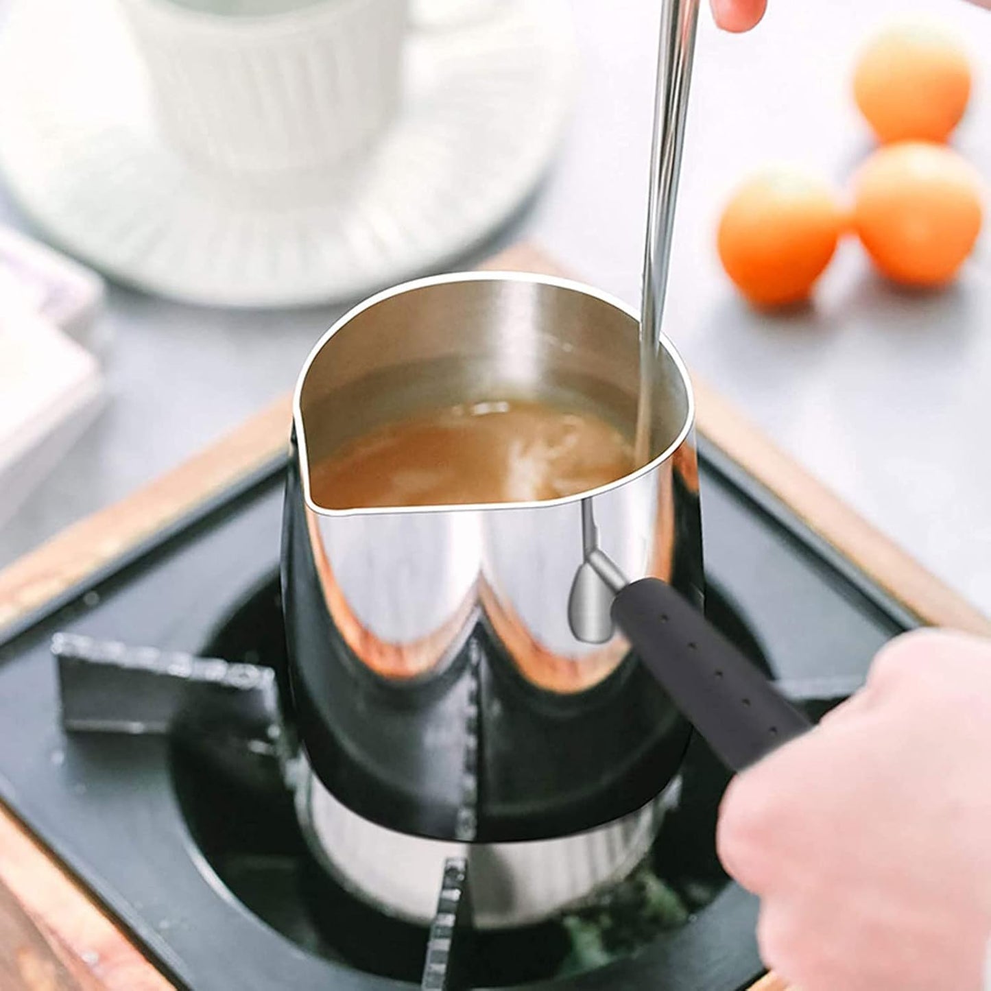 Stainless Steel Turkish Coffee Pot, 600ml Long Handled Milk Frother Pitcher for Home Coffee Shop
