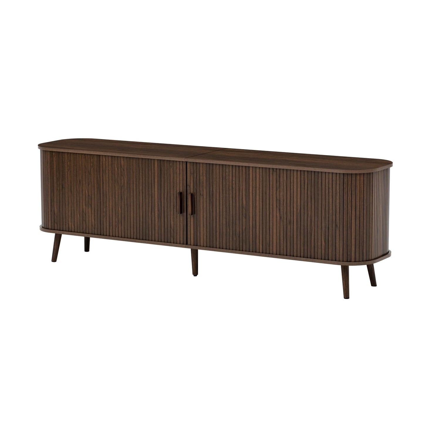 Merax 70 Inch Mid Century Modern TV Stand for TVs up to 80", Fluted Entertainment Center with Ample Storage & Sliding Doors, Curved Design Media Console for Living Room, Solid Wood Legs, Walnut