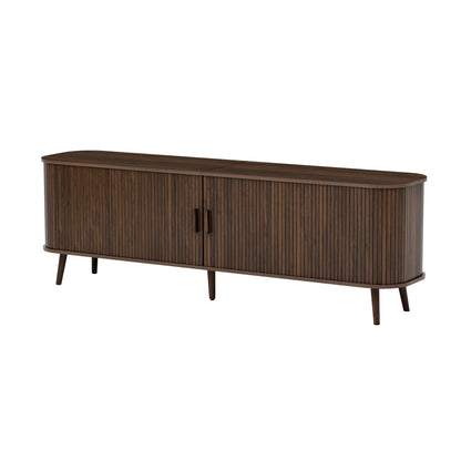 Merax 70 Inch Mid Century Modern TV Stand for TVs up to 80", Fluted Entertainment Center with Ample Storage & Sliding Doors, Curved Design Media Console for Living Room, Solid Wood Legs, Walnut
