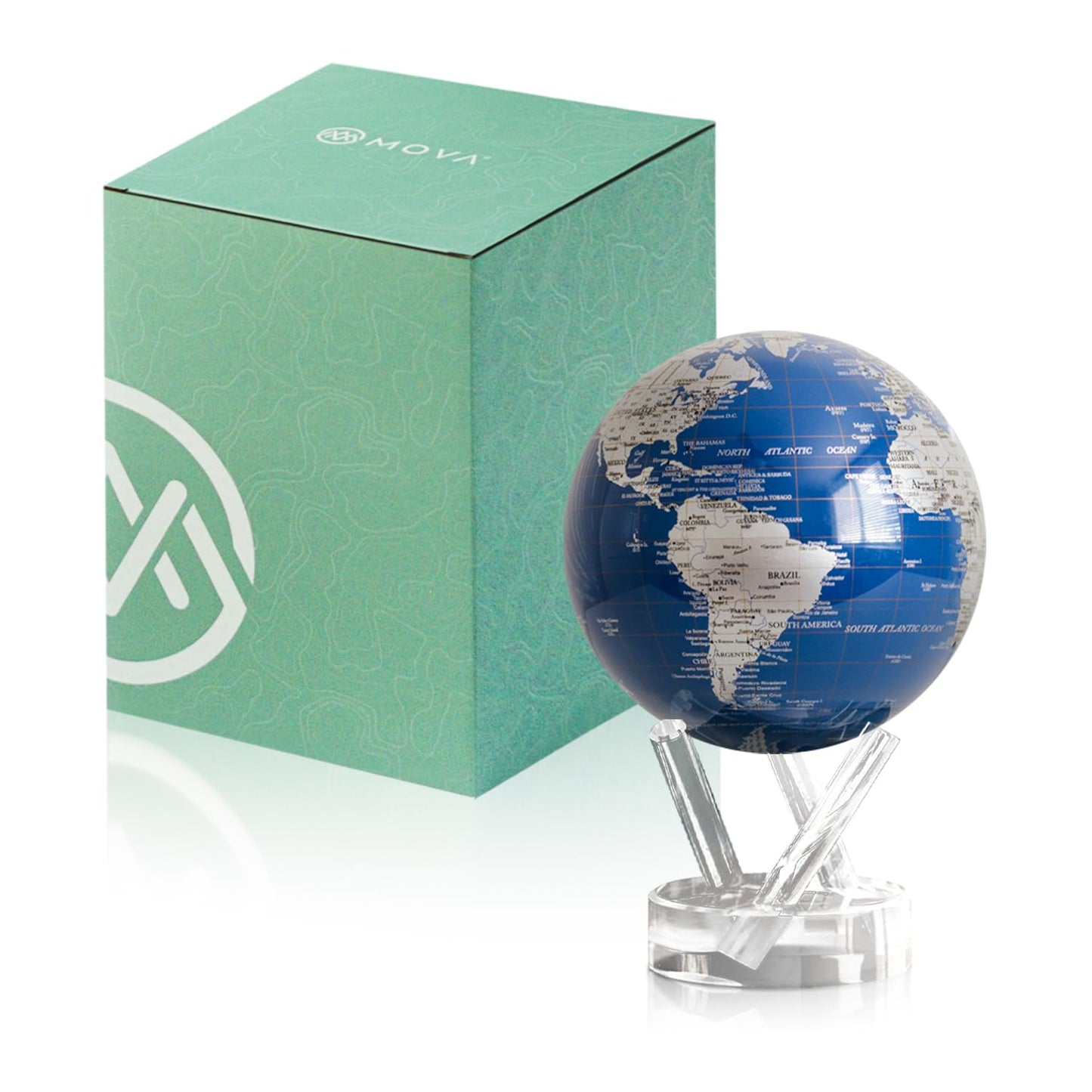MOVA Globe - Royal Blue and Silver Classic (4.5") | Solar-Powered Spinning Decor for Desk | Self-Rotating Modern Earth Globe | No Batteries Required