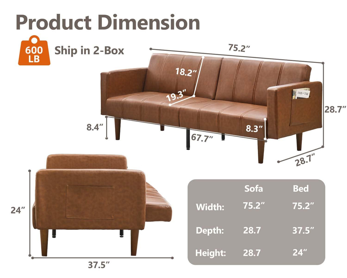 75" Futon Sofa Bed, Mid-Century Modern Futon Couch, Convertible Sleeper Sofa with Adjustable Backrest, Side Pocket, PU Leather Couch for Living Room, Brown