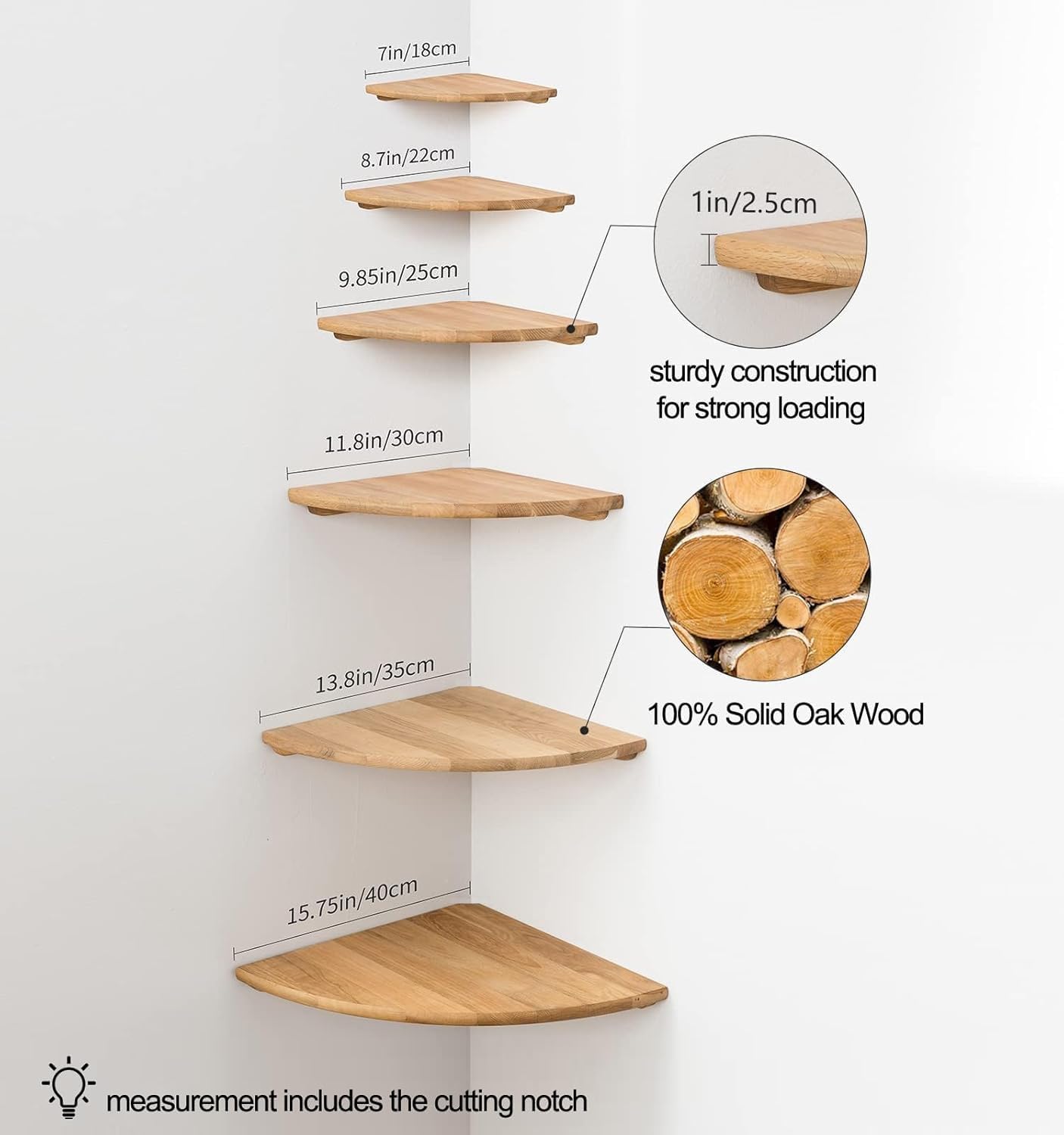 7inch Corner Shelf Wall Mount, Oak Wood Floating Corner Shelf Round End Small Corner Nightstand Plant Shelf Wall Mount
