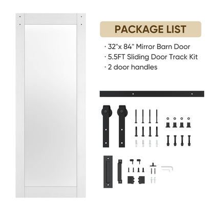 BARNSMITH 32in x 84in Mirror Barn Door with 5.5FT Sliding Door Hardware Kit Included, 1 Lites Full Length Mirror Door, Solid Wood Water-Proof PVC Surface,No Assembly Required,White