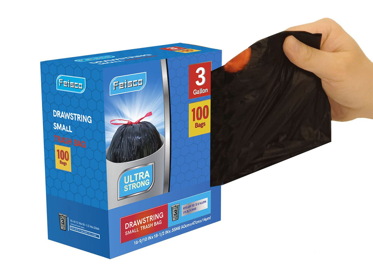 Feisco 3 Gallon Black Trash Bag,Small Drawstring Garbage Bag Trash Can Liner,100 Counts,0.55 Mil