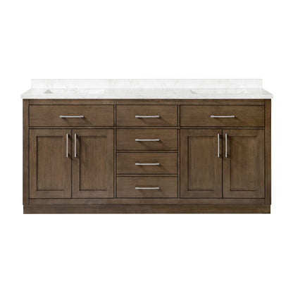 OVE Decors Athea 72" Double Undermount Sink Bathroom Vanity with Cultured Marble Countertop, Backsplash, Power Bar, in Almond Latte Finish