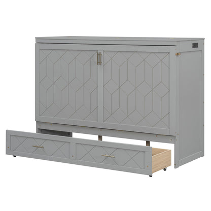Merax Queen Size Murphy Cabinet Bed with Storage Drawers, Wall Murphy Bed with a Set of Sockets & USB Ports, Folding Platform Bed for Small Room