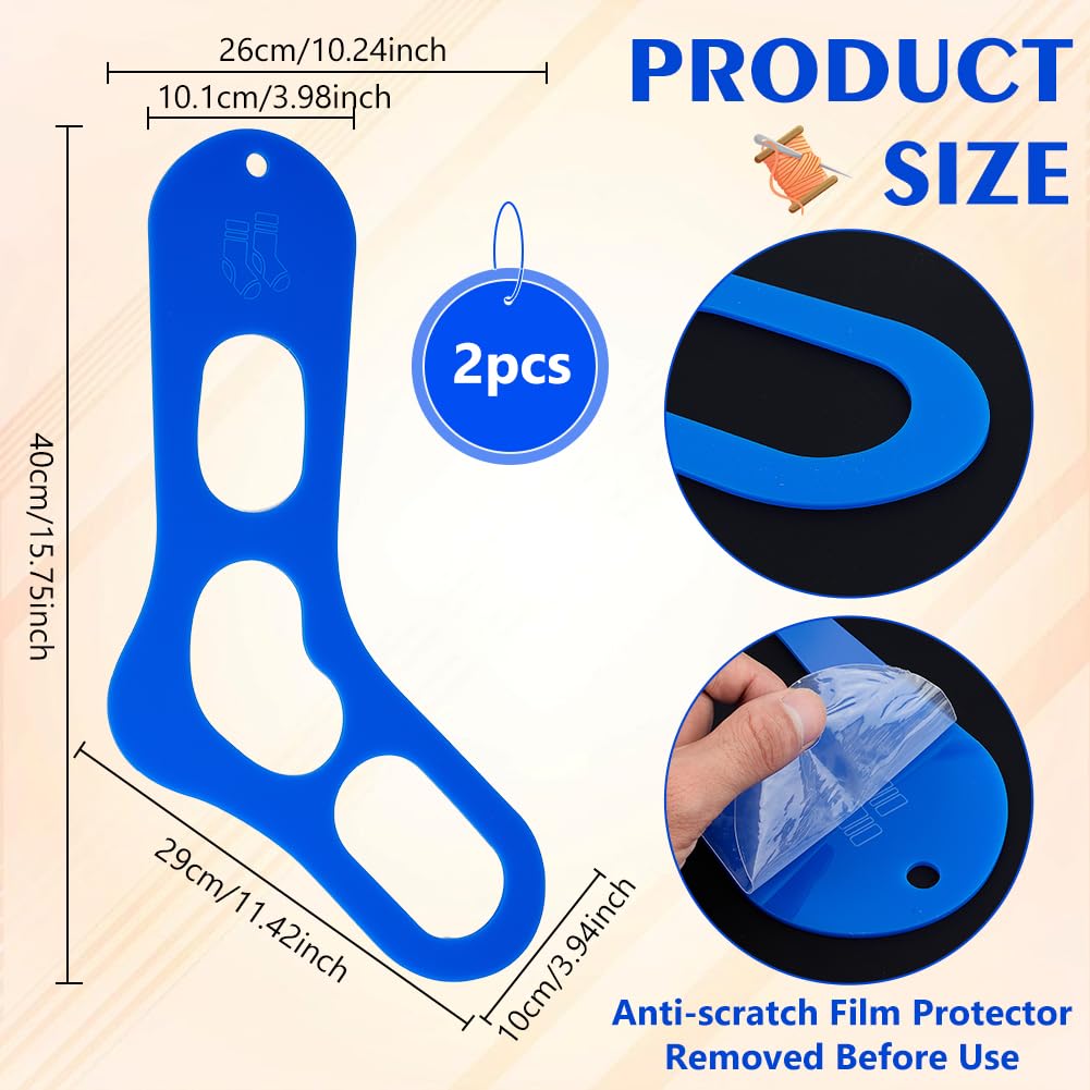 BENECREAT 2Pcs Acrylic Sock Blockers, Blue Large Knitting Sock Ruler Stocking Blockers Socking Stretchers for Knitting & Crochet Stocking Knitters, 3mm Thick